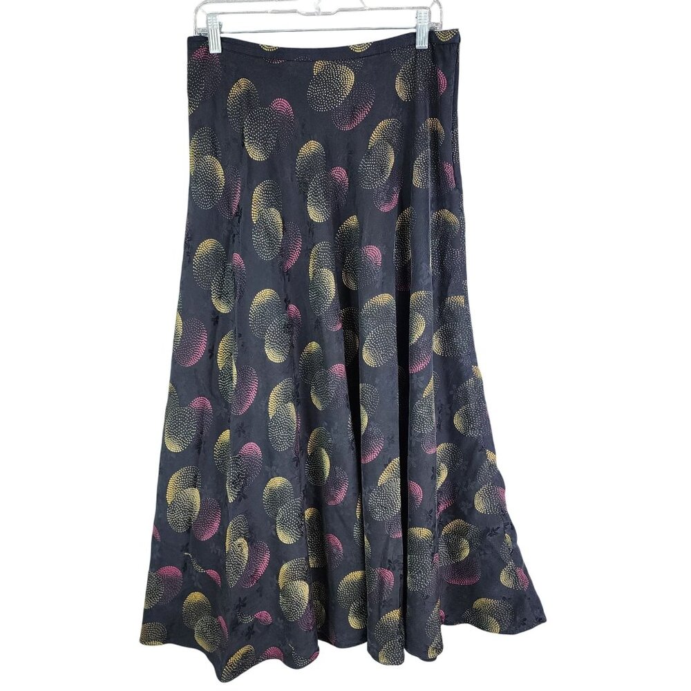 Womens Jones New York A Line Black Silk Midi Skirt Colorful Dotted Print Size 12
